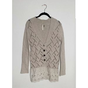 Free People Eyelet Ruffle Button Cardigan Sweater